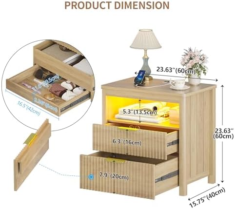 Farmhouse Nightstand with Lockable Hidden Drawer, Human Sensor LED Bedside Table with LED Lights & Charging Station, Rustic Wood Sofa Side End Table with 3 Drawers for Bedroom (Black)