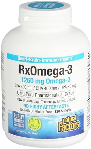Natural Factors, RxOmega-3 Fish Oil, Pharmaceutical Grade, 1260 mg Omega-3 Per Serving, No Fishy Aftertaste, 240 Count (Pack of 1)