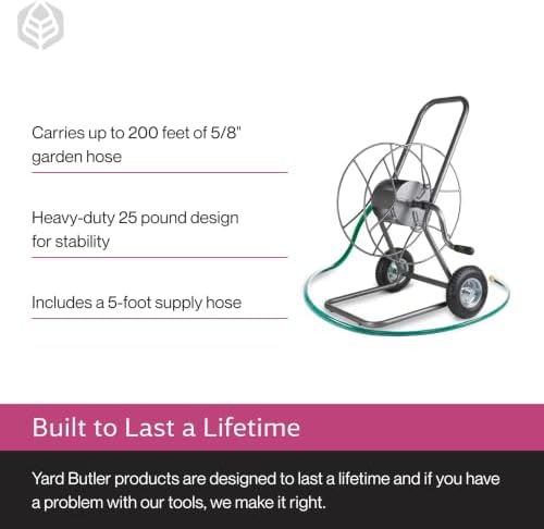 Yard Butler Hose Cart, Metal Hose Caddy, 2 Wheels, 200 Feet | Wheeled Metal Hose Cart Caddy, Suitable for Gardens, Lawns, Fields, and Outdoors, Durable Construction