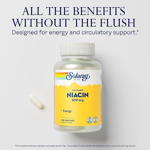SOLARAY No Flush Niacin 500mg, Flush-Free Vitamin B3 Niacin, Energy and Circulatory System Support, Vegan, Lab Verified, 100 Servings, 100 VegCaps