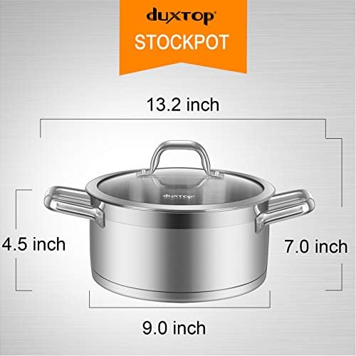 Duxtop Professional Stainless Steel Stock Pot with Glass Lid, Induction Cooking Pot, Impact-bonded Base Technology, 4.2 Quarts | Stockpot with Stay-Cool Handle, Impact-Bonded Base for Even Heating