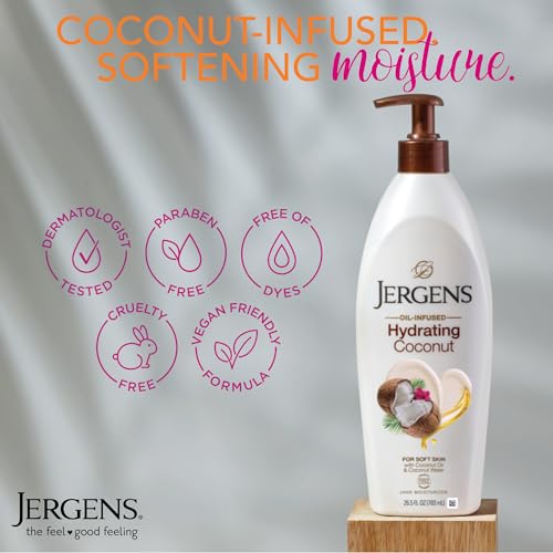 Jergens Hydrating Coconut Body Lotion, Hand and Body Moisturizer, Infused with Coconut Oil, Hydrates Dry Skin Instantly, Dermatologist Tested, 16.8 oz | Coconut Oil, Instantly Hydrates, Dermatologist Tested, Extra Dry Skin Care, Long-Lasting Moisture