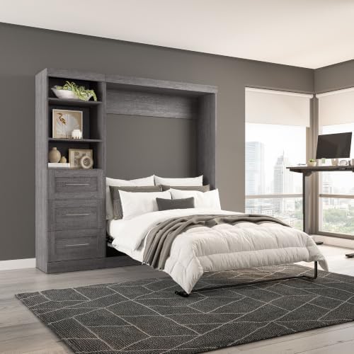 Bestar Pur Full Murphy Bed and Storage Unit with Drawers, 84-inch Space-Saving Wall Bed with Storage in Bark Grey | Storage Unit with Drawers