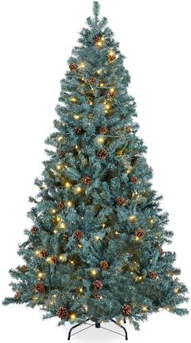 Best Choice Products 7.5ft Pre-Lit Pre-Decorated Pine Artificial Christmas Tree w/Twinkling LEDs, 1, 346 Flocked Frosted Tips, 80 Pinecones