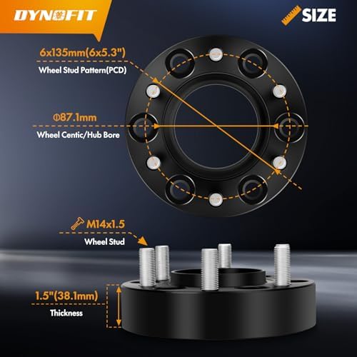 Dynofit 1.5in 6x135 Hub-Centric Wheel Spacers for F150, 87.1mm Hub Bore, M14x1.5 Thread, Forged 6-Lug Wheel Adapters for 2015-2026 Ford F-150