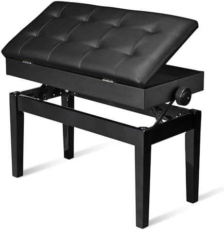 AW Adjustable Piano Bench with Storage Brown Wooden Keyboard Stool Seat | Leather Cushion Paino Chair for Piano Shop Music School Studio Capacity 400lbs