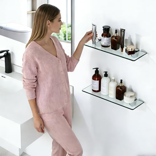 Alise Bathroom Glass Shelf, 15 Inch Floating Shelves for Wall, Matte Black