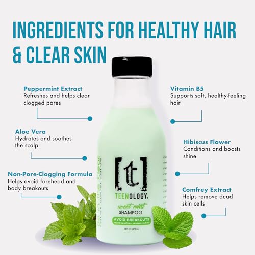 Teenology Teen Shampoo – Avoid Acne Breakouts, Sulfate & Paraben Free | Blueberry Pomegranate Cucumber – Free of pore-clogging oils – non-comedogenic formula with botanicals for acne-prone skin