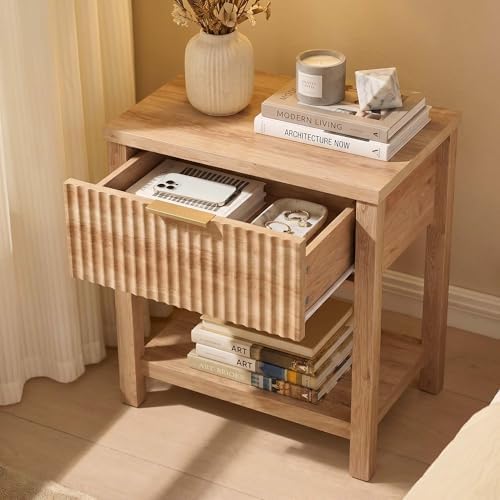 Fluted Night Stand Set of 2 with Golden Handle, Mid-Century Nightstands with Drawer, Bed Side Tables for Bedroom, Bedside Table with Storage Shelf