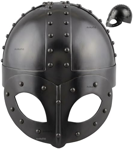 AnNafi® Black Plated Antique Medieval Viking Mask Helmet, Premium Quality Soldier Helm Adult with Liner & Strap
