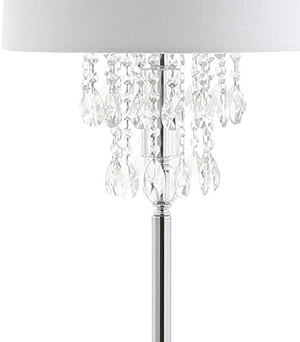JONATHAN Y Abigail 61" Crystal Metal LED Floor Lamp, Clear/Chrome | Chandelier Style, Contemporary Glam Design, White Linen Drum Shade, Rotary Switch