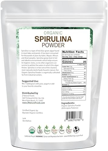 Z Natural Foods Organic Spirulina Powder - 16 oz (Pack of 1) | Organic, Blue-Green Algae Superfood, Spirulina, Raw, Contains Amino Acids, Mixes in Smoothies, Yogurt & Recipes