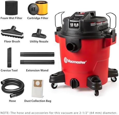Vacmaster VJH1211PF 1101 12-Gal 5.5 Peak HP Heavy-Duty Wet/Dry Vac Red