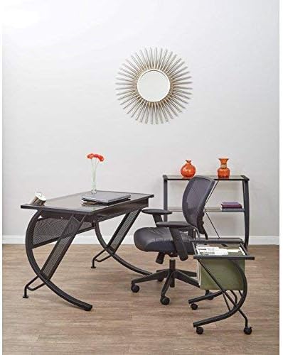 OSP Home Furnishings Horizon Computer Desk with Pull-Out Keyboard Tray, Tempered Glass Top and Steel Frame, Black