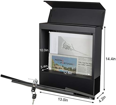 Decaller Large Capacity Mailbox with Key Lock, Wall Mount Metal Mail Box with Newspaper Compartment for Outside, 14.4" x 13" x 4.2", 938 Black