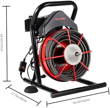drain cleaner machine，75 Ft x1/2 Inch Electric drain auger, Portable Design, Comes with 6 knife heads, gloves，Foot air switch control