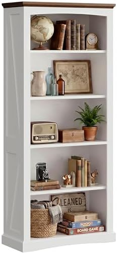 IRONCK 5 Tier Farmhouse Bookshelf 70.9" White Bookcase with Brown Wood Top | brown top & brace side panels, anti-tip stable design, bookcase, bedroom