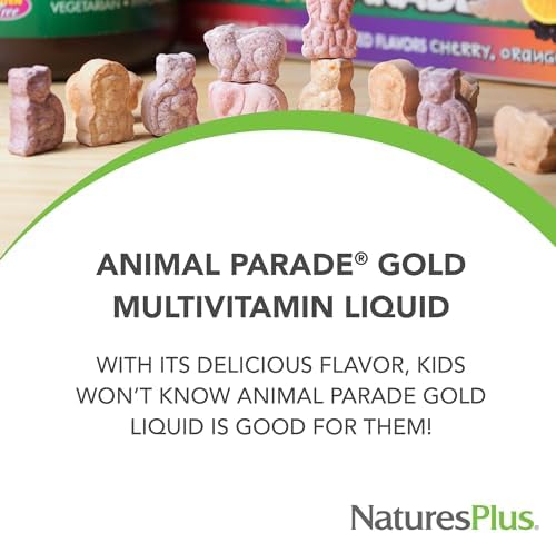 NaturesPlus Animal Parade Gold Children's Liquid Multivitamin, 16 fl oz - Natural Tropical Berry Flavor - Immune Support Supplement - Gluten Free, Vegan - 32 Servings
