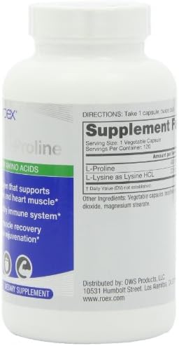 Roex Vitamins | L-Lysine | L-Proline | Muscle Maintenance and Recovery | Healthy Joints | Nutritional-Supplement | 120 Count