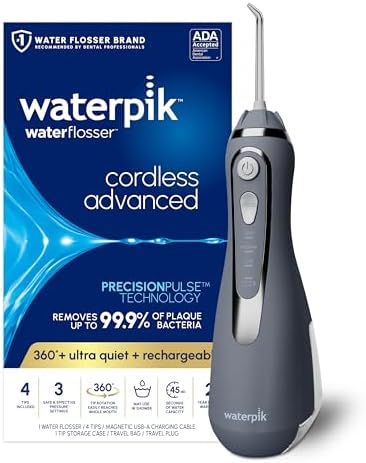 Waterpik Cordless Advanced Portable Water Flosser, Rechargeable, Black | 3 Settings, 4 Tips, Travel Bag, for Gums, Teeth, Dental Braces, Implants, Shower Use ADA Accepted WP-582 Packaging May Vary