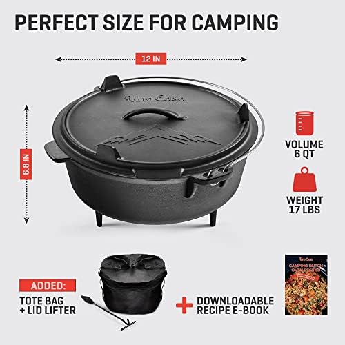 Uno Casa 6Qt Cast Iron Camping Dutch Oven with Lid Lifter and Storage Bag - Pre-Seasoned Outdoor Dutch Oven for Campfire Cooking, Stews