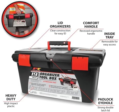 Performance Tool W54026 26 in. Steel Tool Box with Removable Tote | Heavy duty steel storage box and organizer. Recessed ergonomic comfort handle. Strong double latch with padlock eyehole