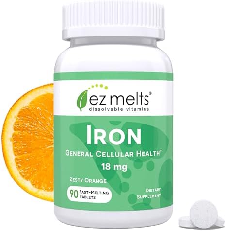 EZ Melts Iron - Supplement for Daily Energy & Iron Support - with Vitamin C - No Artificial Flavors - Non-GMO & Vegan - Zesty Orange - 90 Dissolvable Tablets (90 Servings)