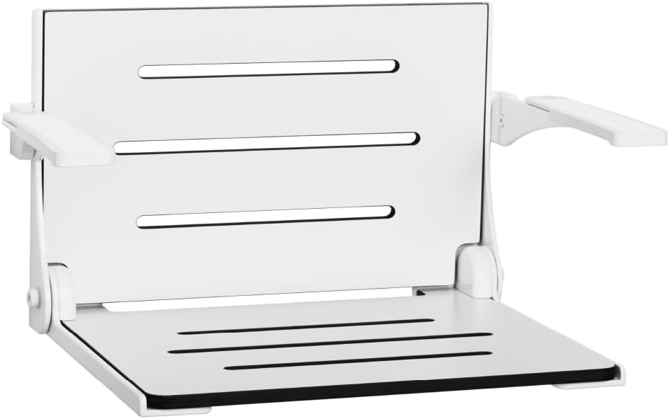 Seachrome Silhouette Comfort Folding Wall Mount Shower Bench Seat with Arms, Teak Seat with Silver Frame
