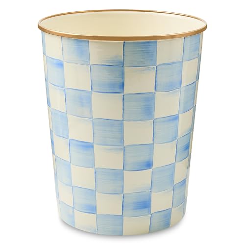 MACKENZIE-CHILDS Waste Bin, Black-and-White Courtly Check | Hand-painted design, made from enameled steel, decorative bedroom or bathroom trash can, 8" dia. x 9.5" H
