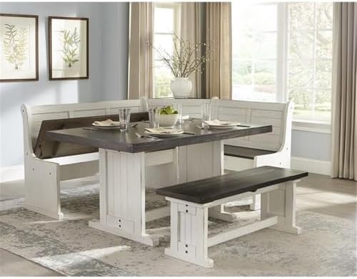 Carriage House Wood Breakfast Nook Set, Off White and Dark Brown Finish, Mahogany Base, Hidden Storage Benches, Reversible Design