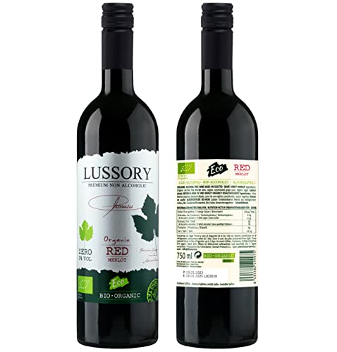 Lussory Organic Merlot Dealcoholized 0.0% Non Alcoholic Wine Red From Spain, Low Calories, Organic, Vegan (750ml, 1 Bottle)
