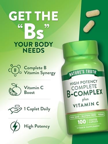 Nature's Truth Vitamin B Complex Plus Vitamin C | 100 Caplets | Vegan, Non-GMO & Gluten Free Supplement | Vegan, Non-GMO & Gluten Free Supplement
