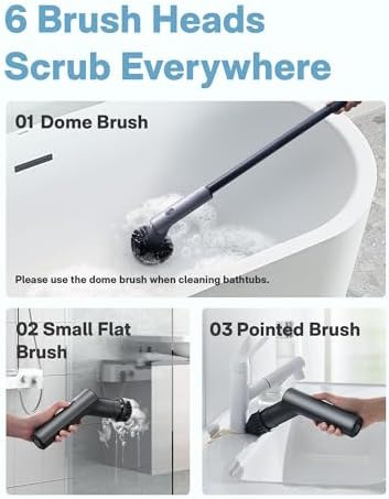 HOTO Cordless Electric Spin Scrubber, 6 Brush Heads, for Bathroom, Tile | IPX7 Full Body Waterproof Bathroom Cleaning Brush, Max 22 in-lb