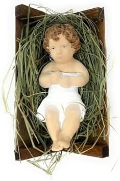 4 Inch Baby Jesus in Manger Figurine, Small Baby Jesus Manger Crib for Nativity Set on Natural Hay, Handcrafted Holy Gift Made in Poland