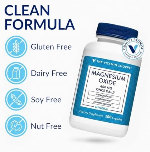 The Vitamin Shoppe Brand Magnesium Oxide 400 mg, Bone Support, 200 Count | Daily Magnesium Mineral for Muscle Relaxation