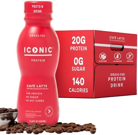 Iconic Protein Drinks, Café Latte (12 Pack) - Sugar Free & Low Carb - 20g Protein + 100mg Caffeine - Lactose Free