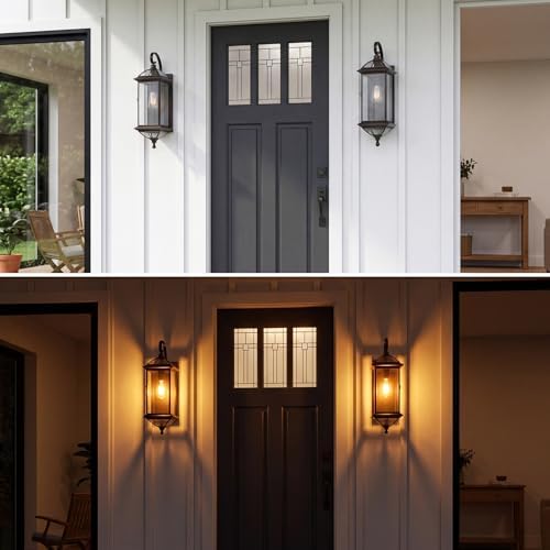 Solid Copper Outdoor Wall Light, 18.5" Oil Rubbed Bronze Porch Lantern with Clear Beveled Glass, Exterior Wall Sconce for Front Door, Garage