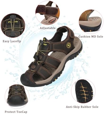 FLARUT Men's Sport Sandals Closed Toe Leather Water Hiking Shoes