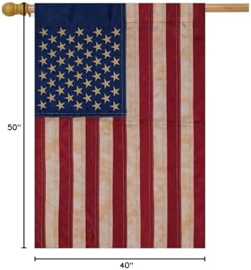 Tea Stained Applique & Embroidered American Flag House Flag USA 28" x 50"