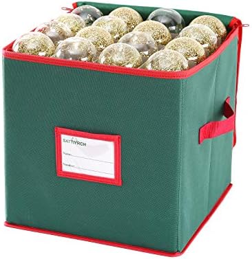 Sattiyrch Christmas Ornament Storage Box,Canvas Stores up-to 64 Standard Holiday Ornaments Holder,12 x 12 Inch 4 Layer Xmas Storage Containers,Green