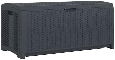 Suncast Outdoor Storage Box - 73 Gallon Mocha Brown Deck Box for Patio, weather-resistant Outdoor Storage Bench, Resin Wicker Style, Heavy-Duty, Lockable Lid for Cushions, Shoes, Pool & Garden Gear