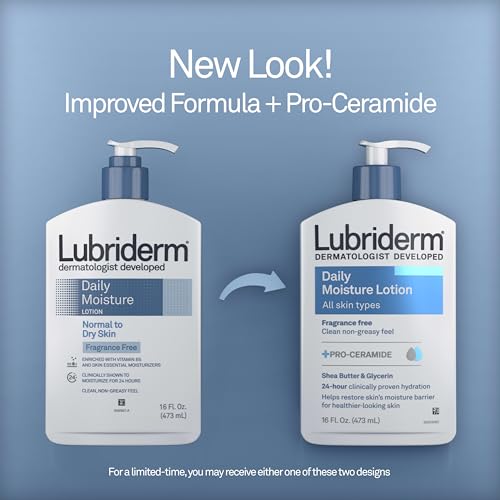 Lubriderm Daily Moisture Body Lotion, Fragrance Free, 16 fl. oz | Hydrating Face, Hand & Body Lotion + Pro-Ceramide for Sensitive Skin, 24-Hour Moisturizer with Shea Butter, Non-Greasy