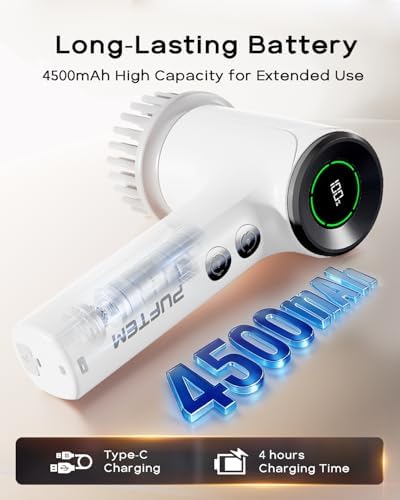 PUFTEM Shower Scrubber, Electric Spin Scrubber for Bathroom Cleaning – Cordless Shower Cleaner Brush with 6 Brush Heads, Dual-Direction Rotation