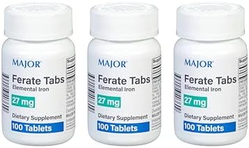 Major 27 mg Ferate Tabs - Ferrous Gluconate Elemental Iron Dietary Supplement - 100 Count (3 Pack)