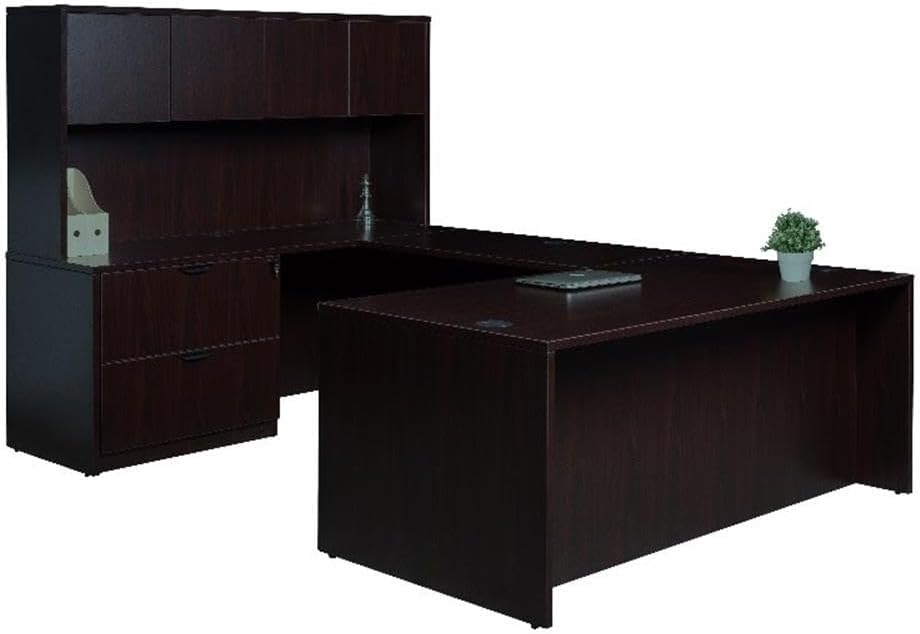 Boss Office Products Holland Executive U-Shape Desk with Lateral File Storage and Hutch, 66", Mocha