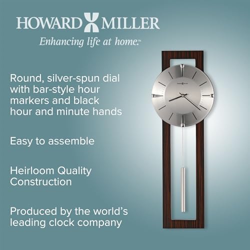 Howard Miller Mela Wall Clock with Pendulum | Wooden Frame, Silver Dial, Analog Quartz | Modern Minimalist Decor for Living Room, Office