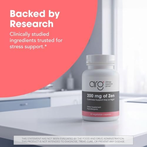 Allergy Research Group ARG 200 mg of Zen - Supports Calm and Stress Balance - Delivers 200 mg L-Theanine & 550 mg GABA per Serving - Vegetarian & Hypoallergenic - 60 Servings - 120 Capsules