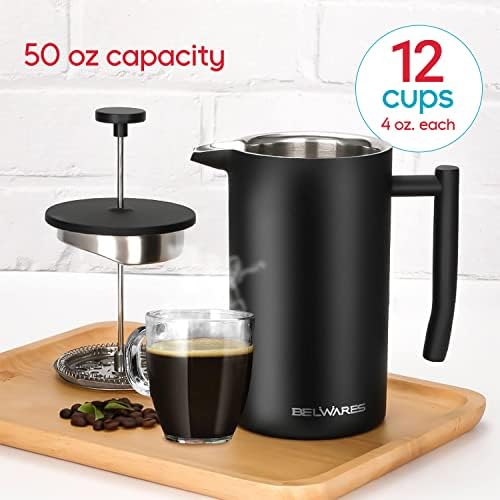 French Press Coffee Maker - 50oz Stainless Steel, Insulated Coffee Press | Large 6 Cup 50oz Capacity, Double Wall Keeps Coffee Hot, 4 Level Filter for Ground Free Coffee, 2 Extra Filters, Matte Black