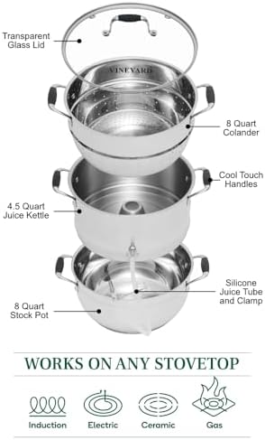 VINEYARD Deluxe Stainless Steel Steam Juicer & Roaster Set - Induction Friendly, Tempered Glass Lid, Cool-Touch Handles, 8 Quart Capacity