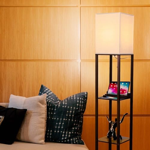 Brightech Maxwell Charger - Modern Shelf Floor Lamp with USB Charging Ports & Electric Outlet - Corner Display Floor Lamps with Shelves for Living